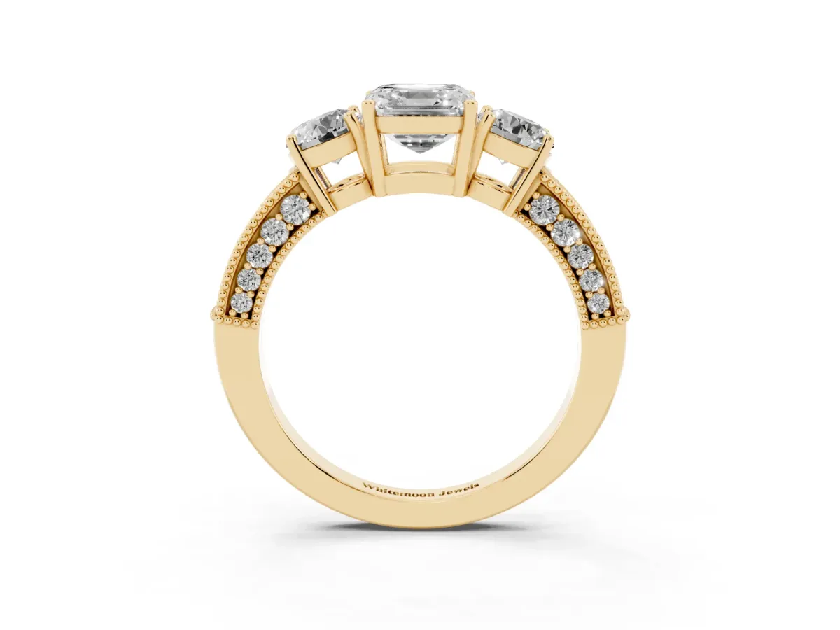 Asscher Cut Three-Stone Diamond Ring with Pavé Band and Four-Prong Setting Yellow gold