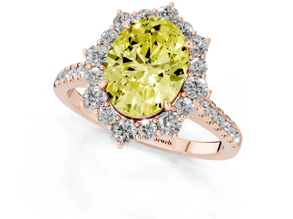 Fancy Yellow Oval Cut Halo Diamond Ring with Pavé Band and Prong Setting Rose gold