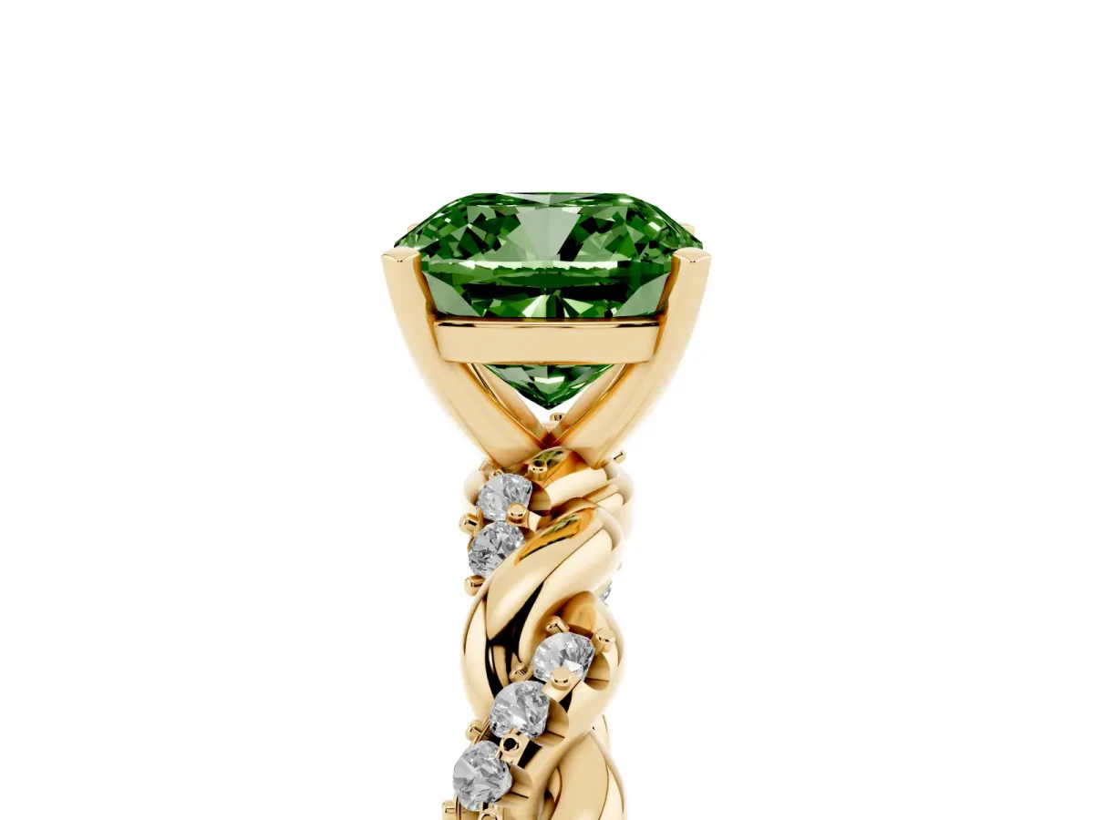 Fancy Green Cushion Cut Diamond Solitaire Ring with Twisted Band and Pavé Accents Yellow gold