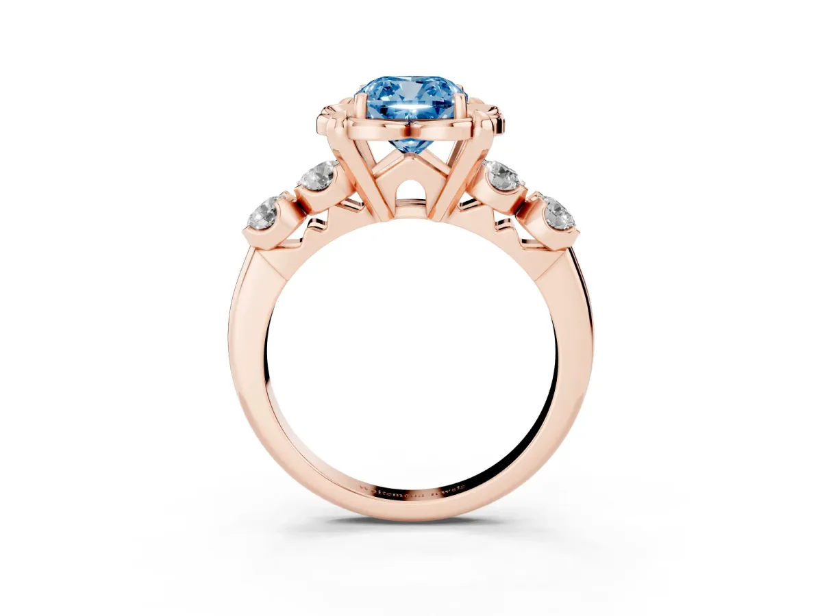 Fancy Blue Cushion Cut Cut Diamond Floral Halo Engagement Ring with Shared Prong Setting Rose gold