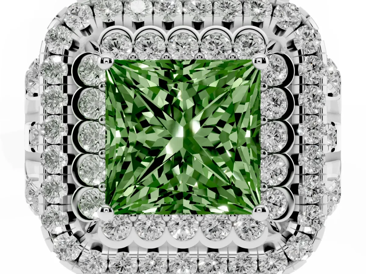 Fancy Green Princess Cut Diamond Double Halo Ring with Round Pavé Split Shank and Prong Setting Silver