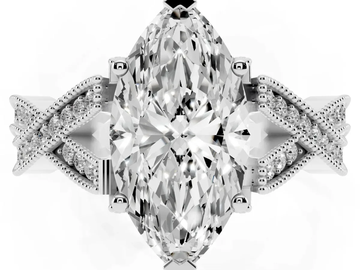 Marquise Cut Cut Diamond Twisted Band with Milgrain Pave Setting and Four-Prong Setting Silver