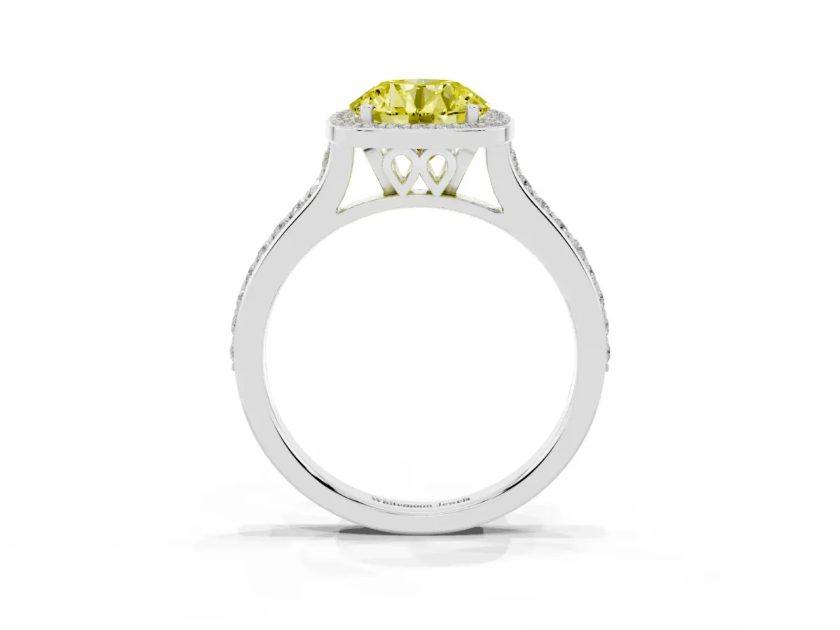 Fancy Yellow Round Cut Diamond Halo Engagement Ring with Round Pavé Shoulders and Prong Setting Platinum