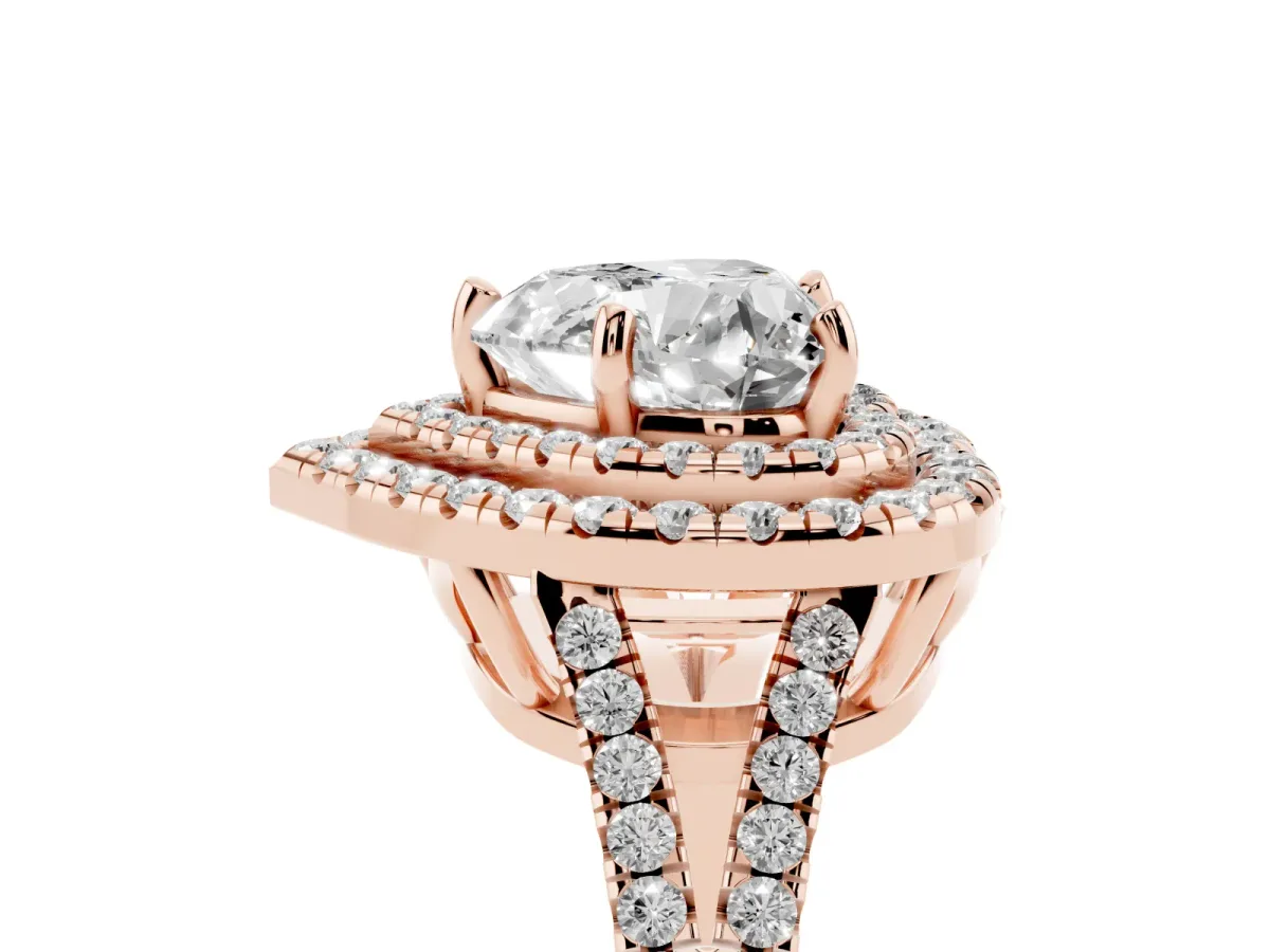 Heart Cut Diamond Double Halo Ring with Pavé Band and Prong Setting Rose gold