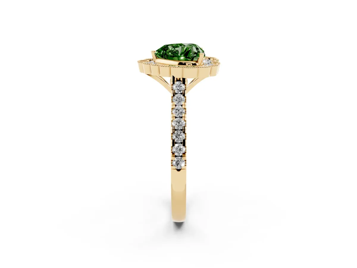 Fancy Green Heart Cut Cut Diamond Milgrain Floral Halo Engagement Ring with Pavé Band Yellow gold