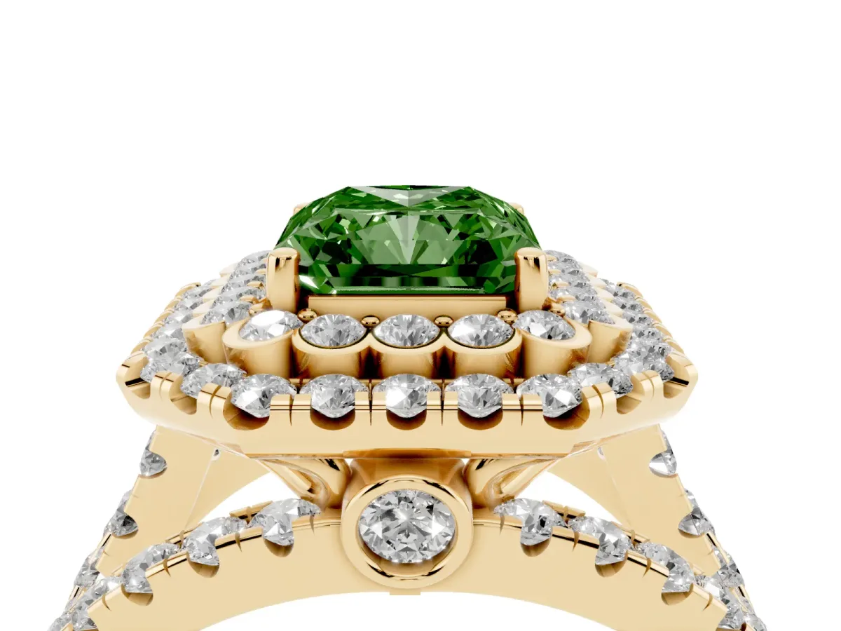 Fancy Green Radiant Cut Diamond Double Halo Ring with Round Pavé Split Shank and Prong Setting Yellow gold