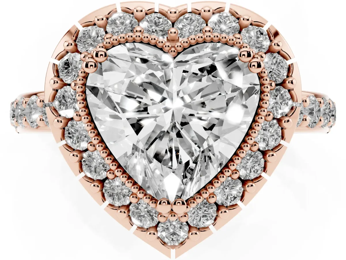 Heart Cut Diamond Halo Ring with Pavé Band and Prong Setting Rose gold