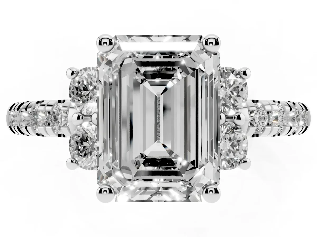 Emerald Cut Diamond Three-Stone Pave Band with Four-Prong Setting Platinum