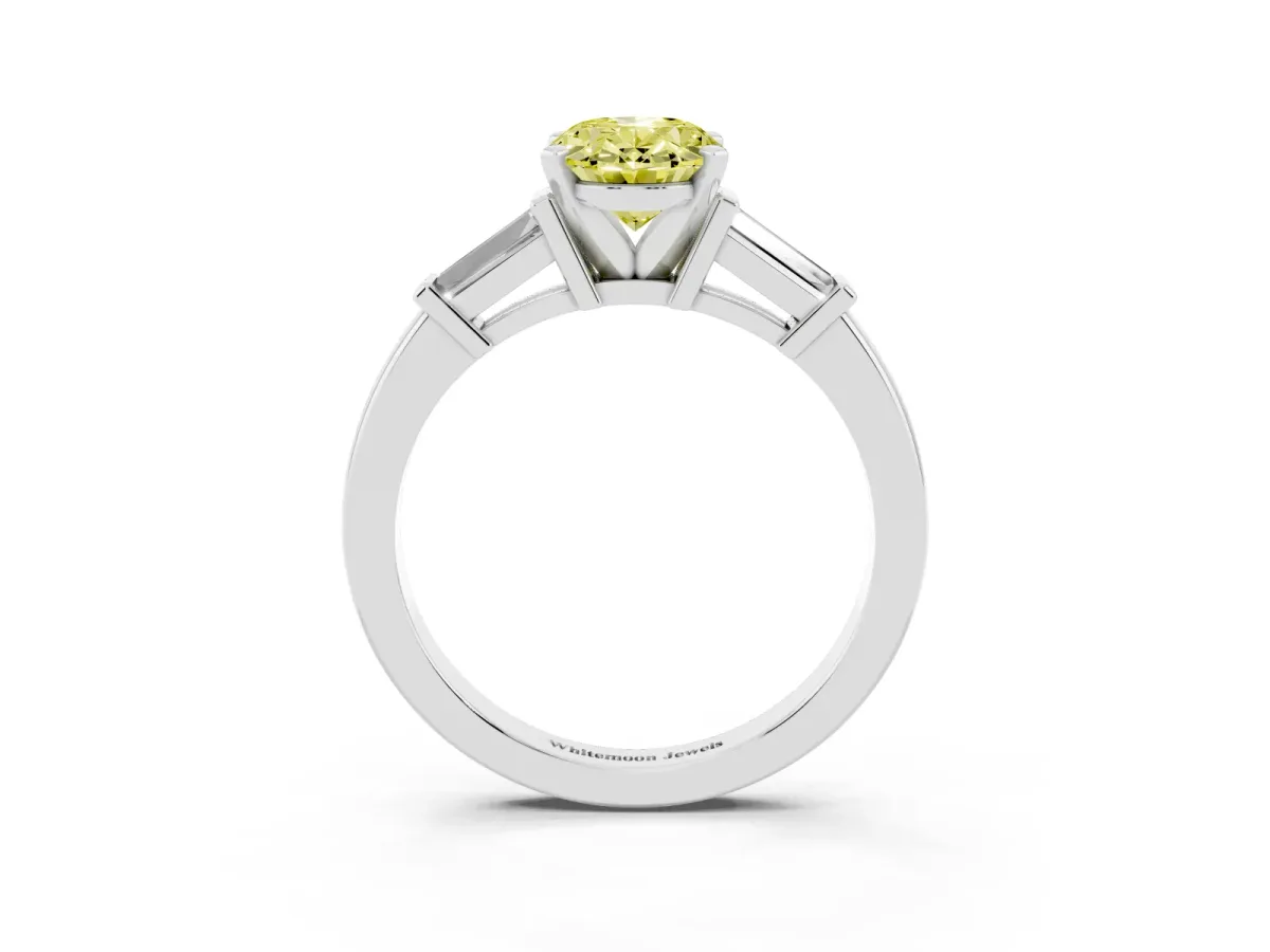Fancy Yellow Oval Cut Cut Diamond Solitaire Ring with Tapered Baguette Accents and Four-Prong Setting Platinum