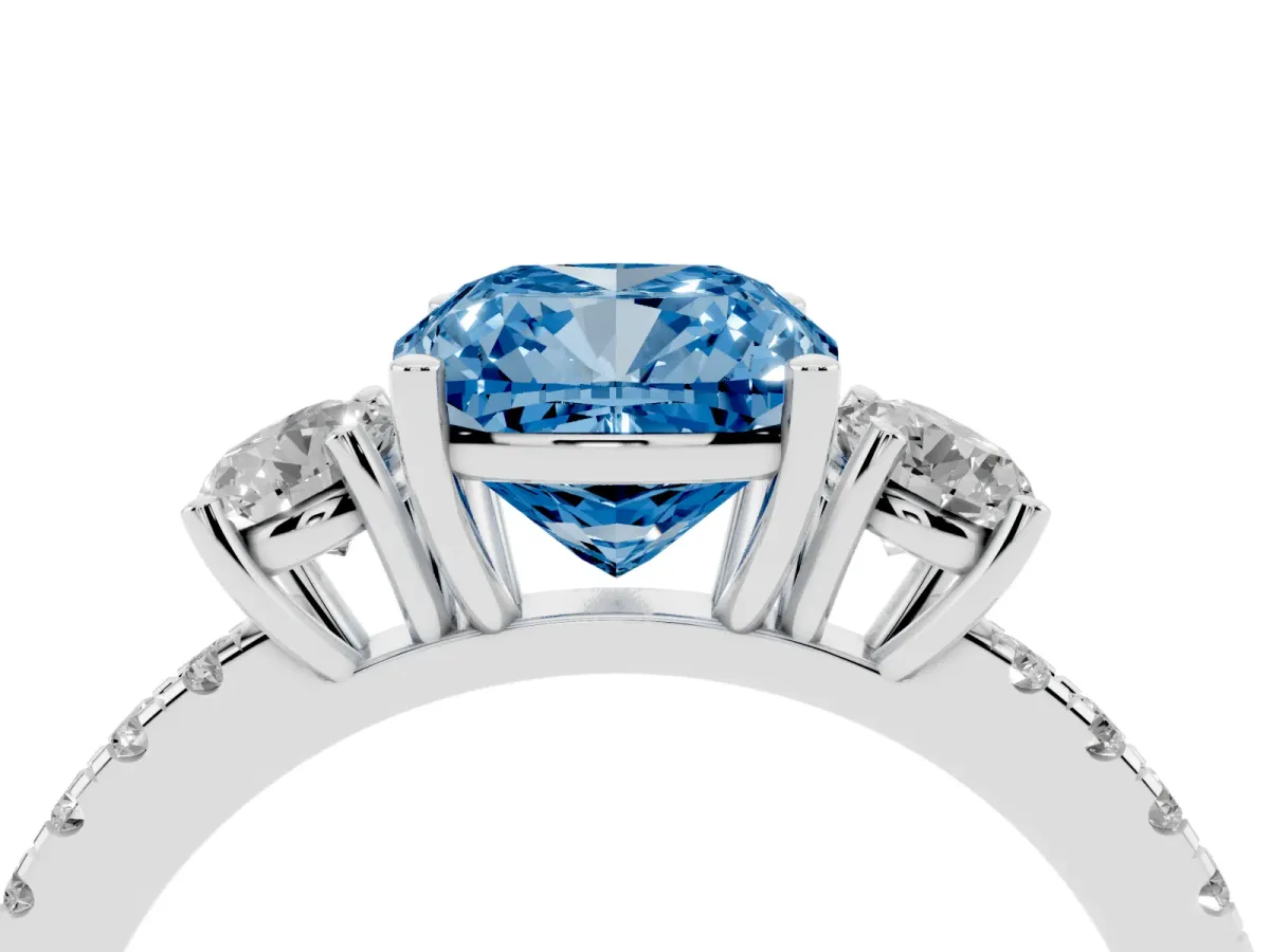 Fancy Blue Three-Stone Cushion Cut Cut Diamond Pavé Band with Prong Setting Platinum