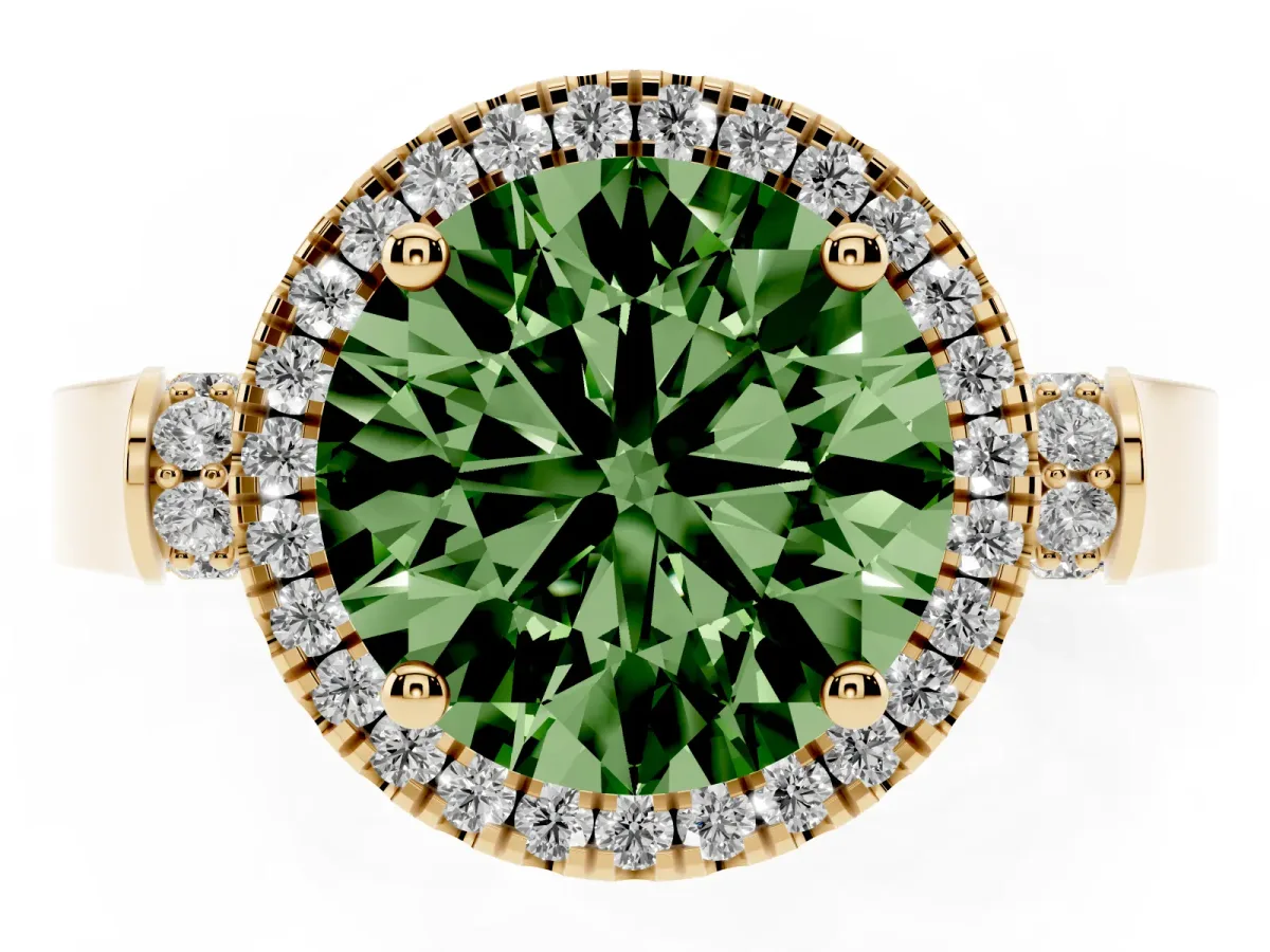 Fancy Green Round Cut Halo Pave Split Shank Prong Setting Ring Yellow gold