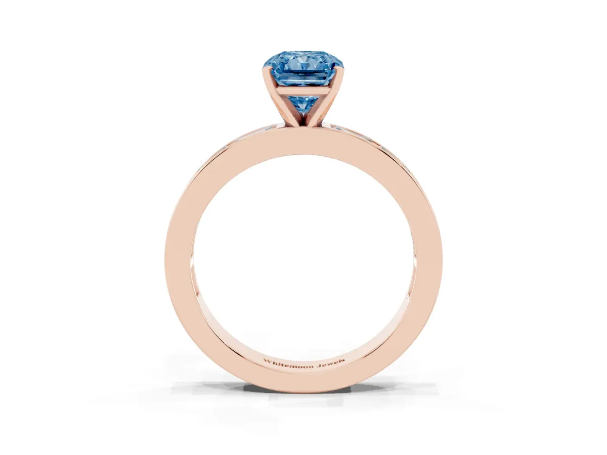 Fancy Blue Radiant Cut Solitaire Diamond Ring with Channel-Set Baguette Band and Four-Prong Setting Rose gold