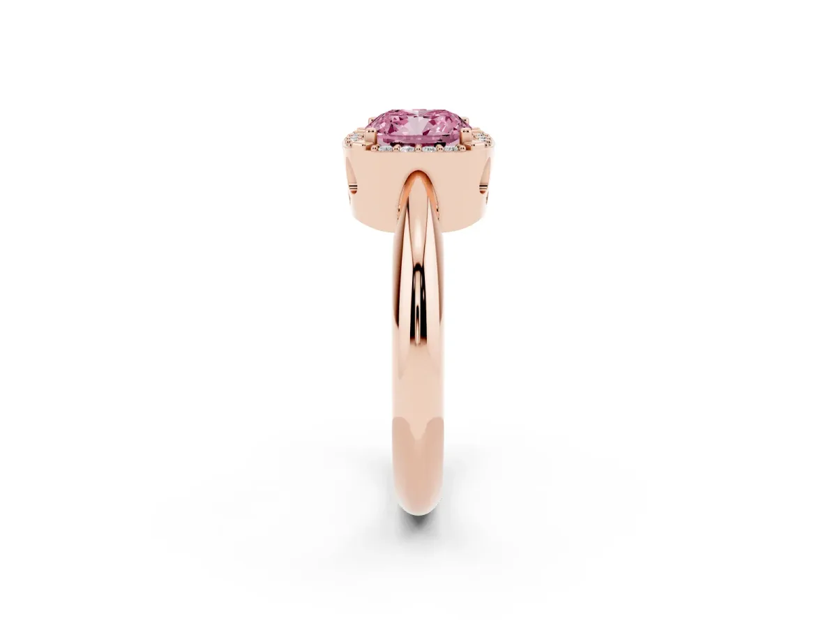 Fancy Pink Cushion Cut Cut Diamond Halo Engagement Ring with Split Shank and Four-Prong Setting Rose gold