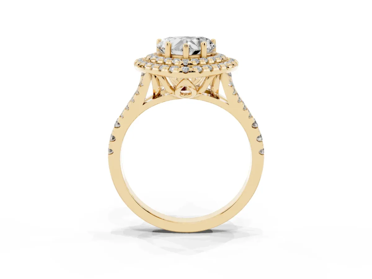 Double Halo Heart Cut Diamond Pavé Split Shank Ring with Prong Setting Yellow gold