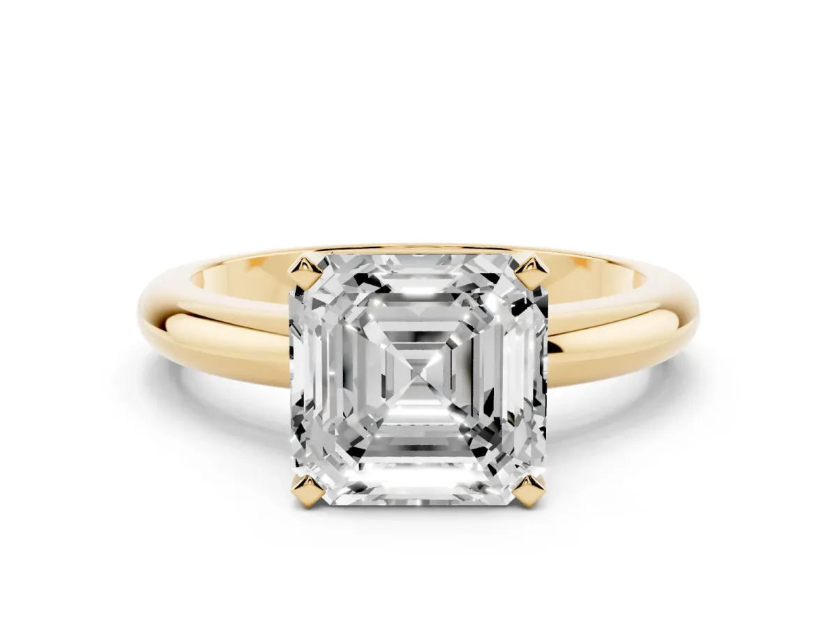 Asscher Cut Diamond Solitaire Engagement Ring with Round Band and Four-Prong Setting Yellow gold