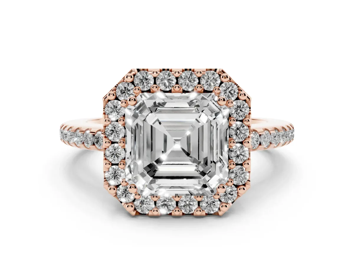 Asscher Cut Diamond Pavé Halo Ring with Four-Prong Setting Rose gold