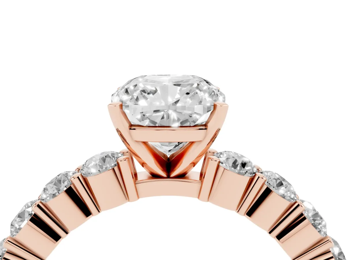 Cushion Cut Diamond Solitaire Ring with Shared Prong Round Side Stones Rose gold