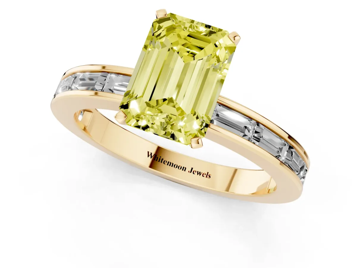 Fancy Yellow Emerald Cut Solitaire Diamond Ring with Channel-Set Baguette Band and Four-Prong Setting Yellow gold