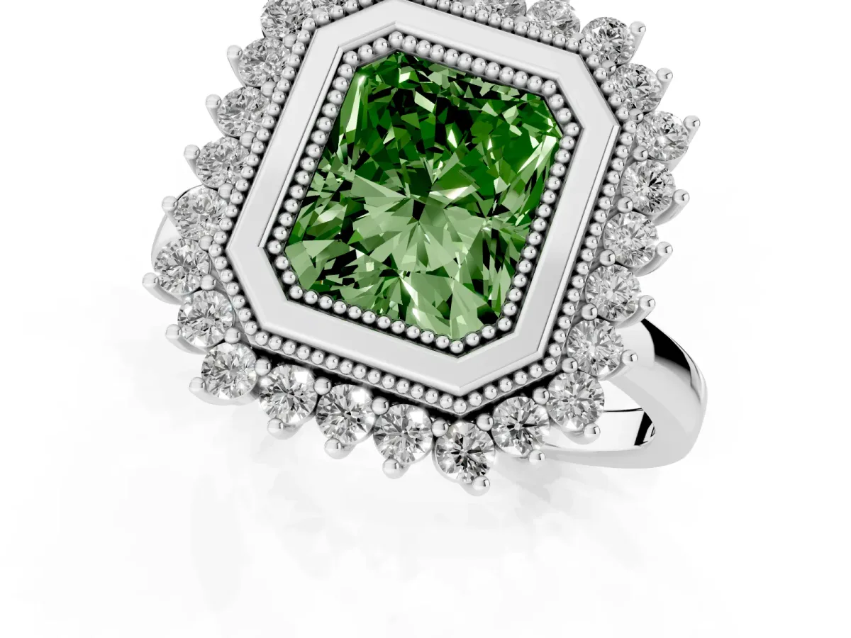 Fancy Green Radiant Cut Halo Diamond Ring with Milgrain Edge and Round Prong Setting Silver