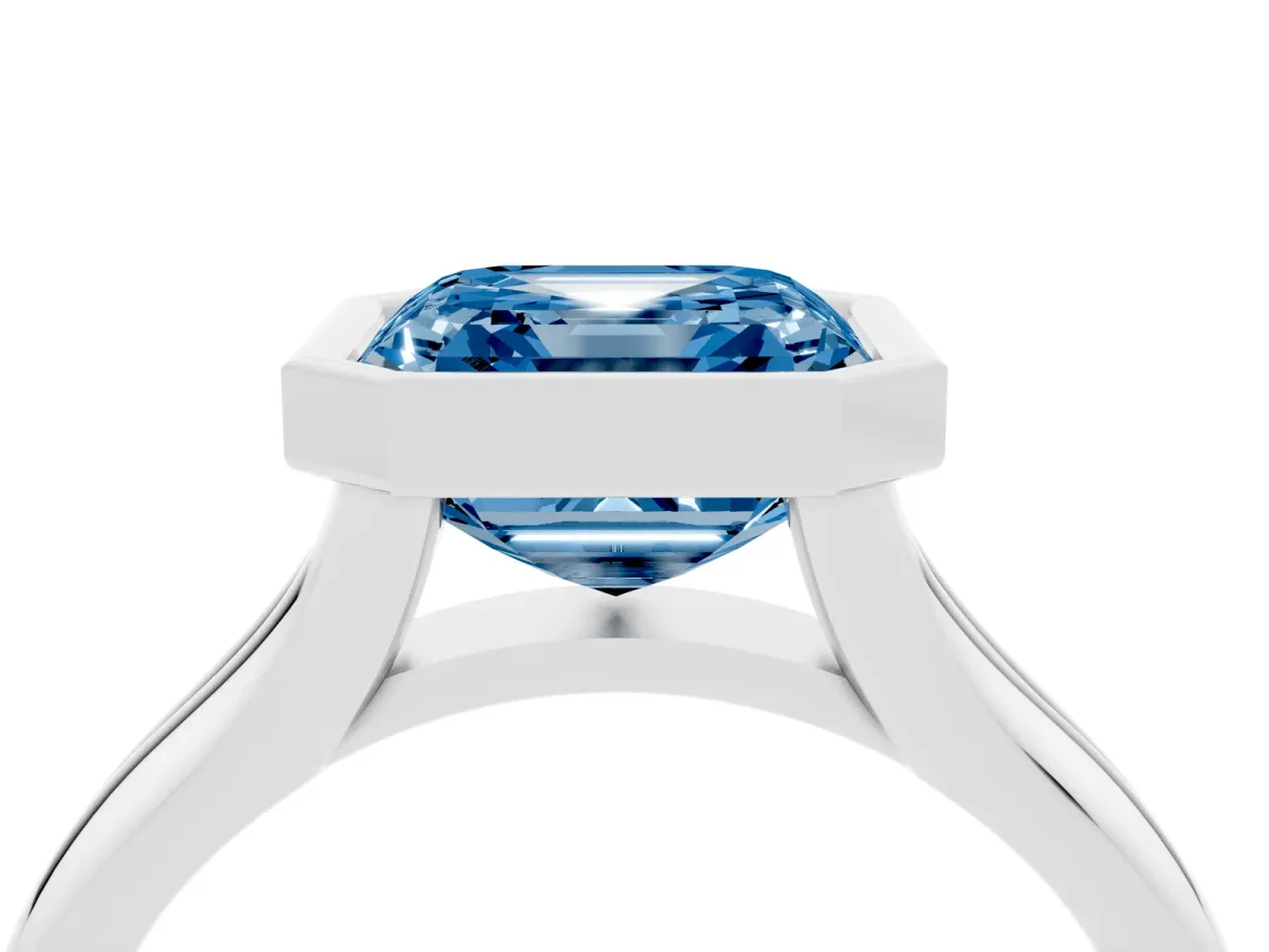 Fancy Blue Bezel Set Asscher Cut Solitaire Diamond Ring with Smooth Band White gold