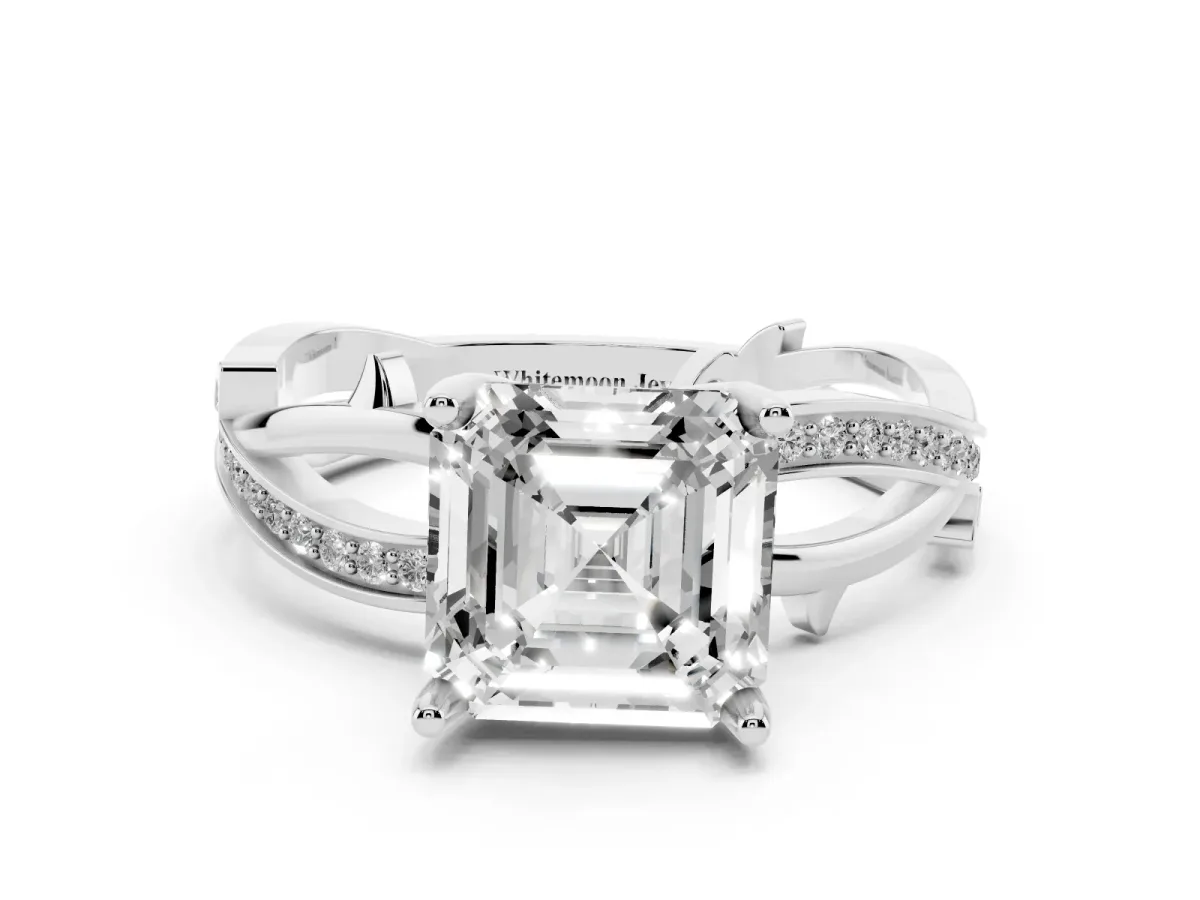 Asscher Cut Solitaire Twist Band with Pavé Accents and Four-Prong Setting White gold