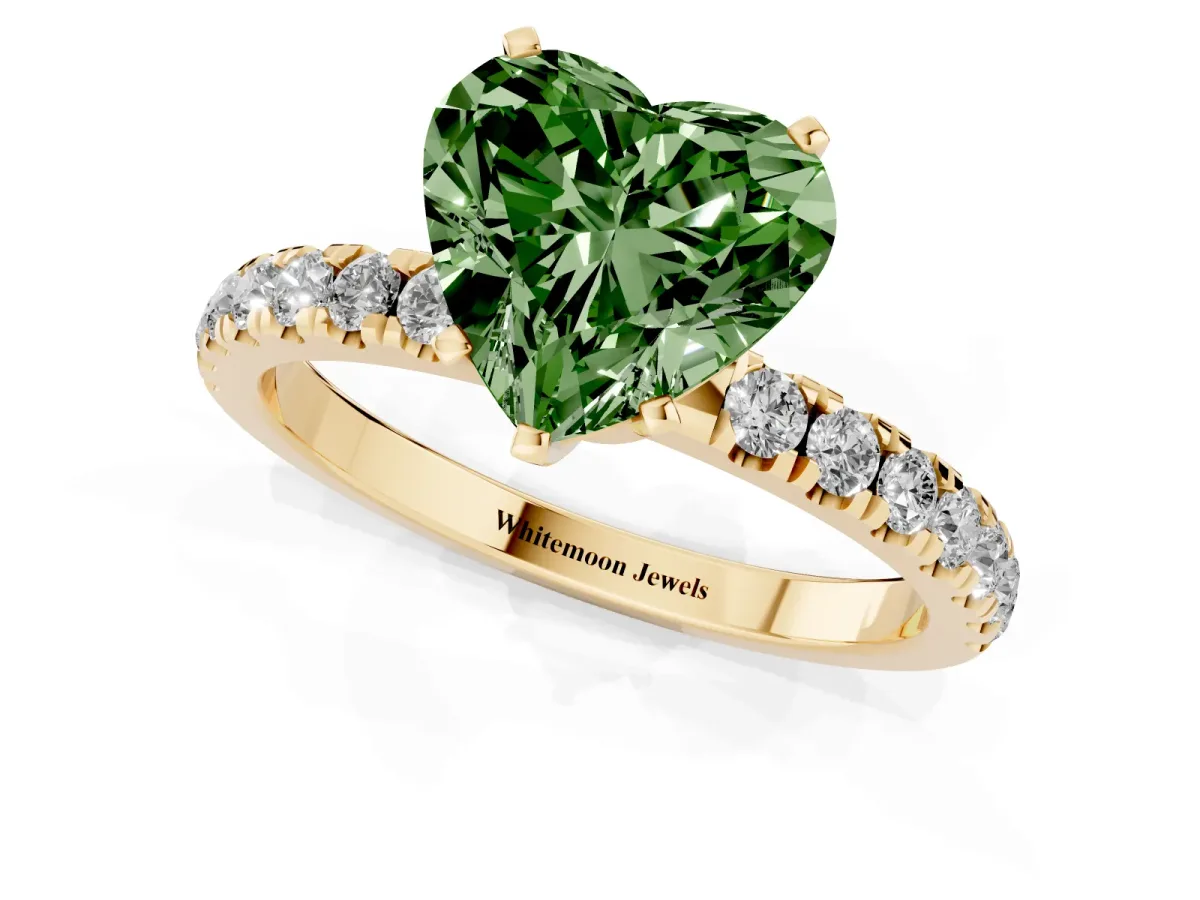Fancy Green Heart Cut Diamond Solitaire Ring with Pavé Accents and Four-Prong Setting Yellow gold