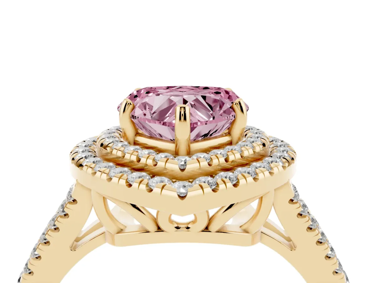Fancy Pink Heart Cut Diamond Double Halo Ring with Pavé Band and Prong Setting Yellow gold