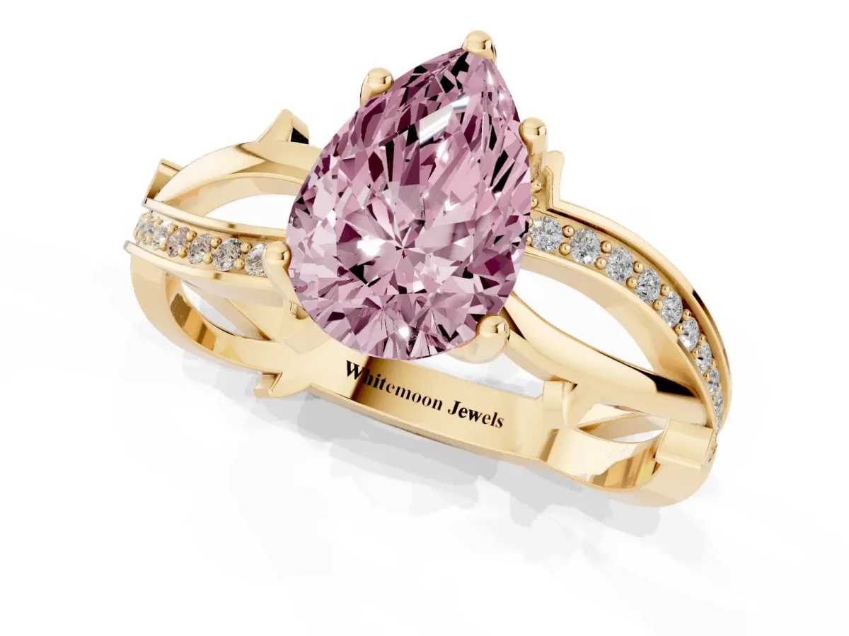 Fancy Pink Pear Cut Solitaire Twist Band with Pavé Accents and Four-Prong Setting Yellow gold
