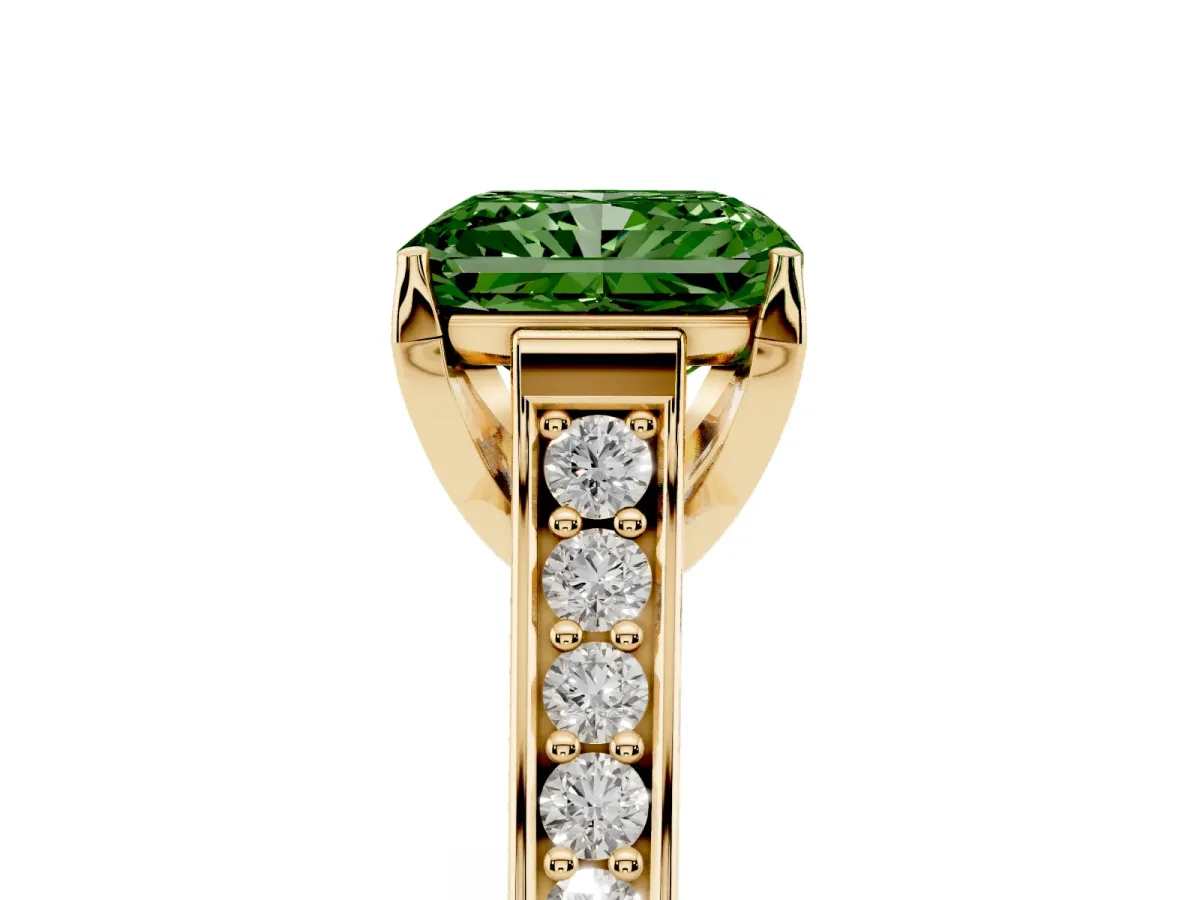 Fancy Green Radiant Cut Brilliant Cut Diamond Engagement Ring with Pavé Band and Four-Prong Setting Yellow gold