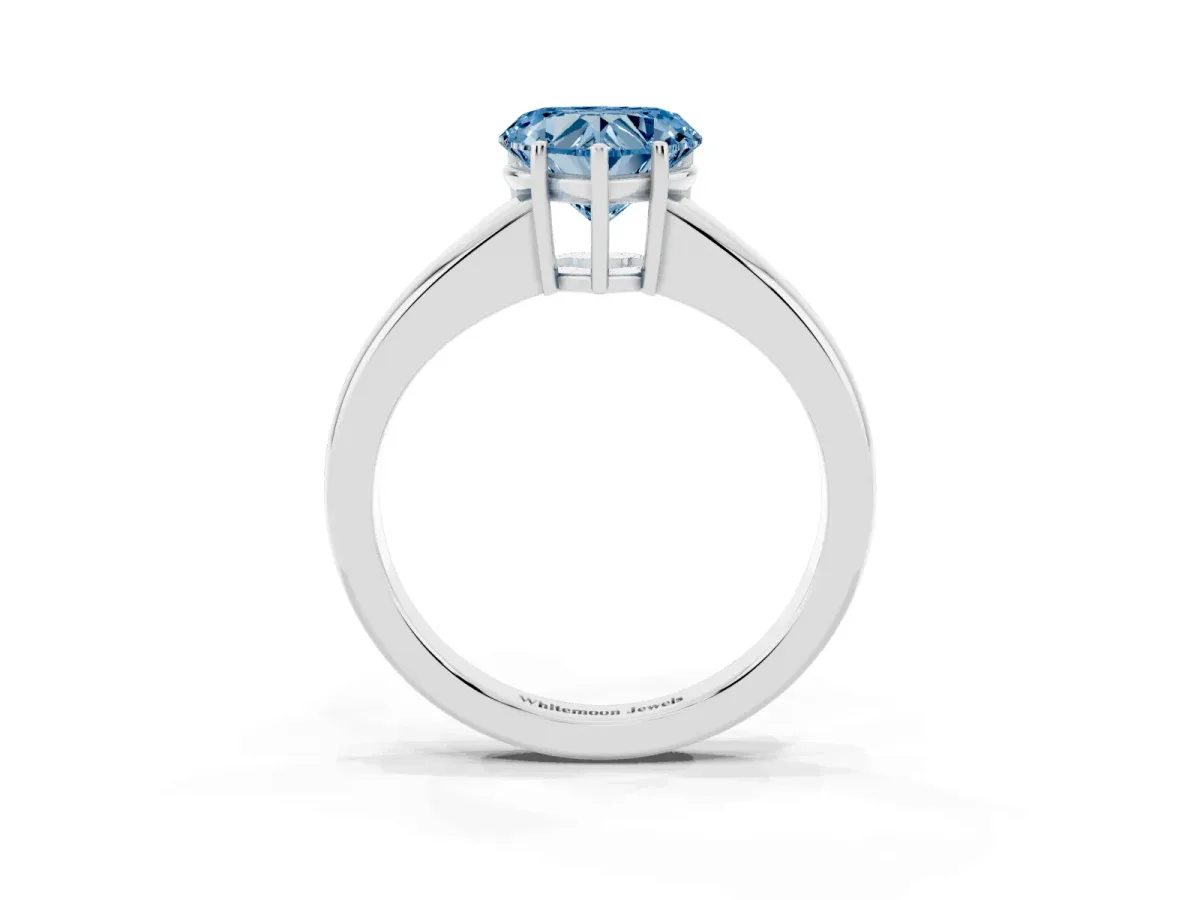 Fancy Blue Heart Cut Solitaire Diamond Ring with Tapered Band and Four-Prong Setting White gold