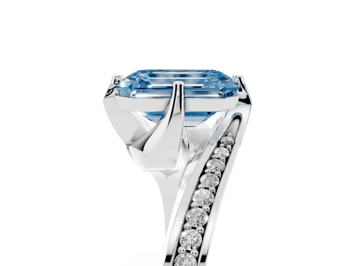 Fancy Blue Emerald Cut Solitaire Diamond Twist Band with Pavé Setting and Four-Prong Setting Silver