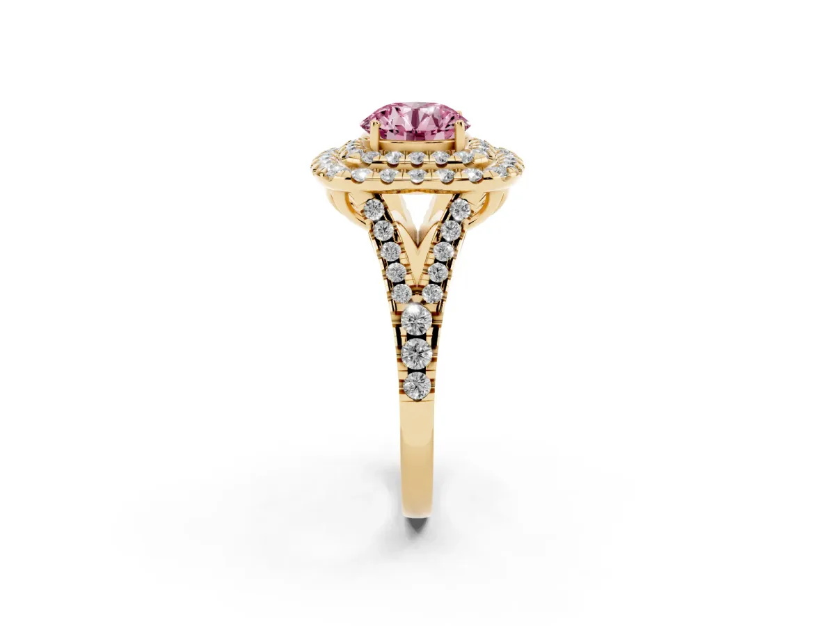 Fancy Pink Double Halo Round Cut Diamond Pavé Split Shank Ring with Prong Setting Yellow gold