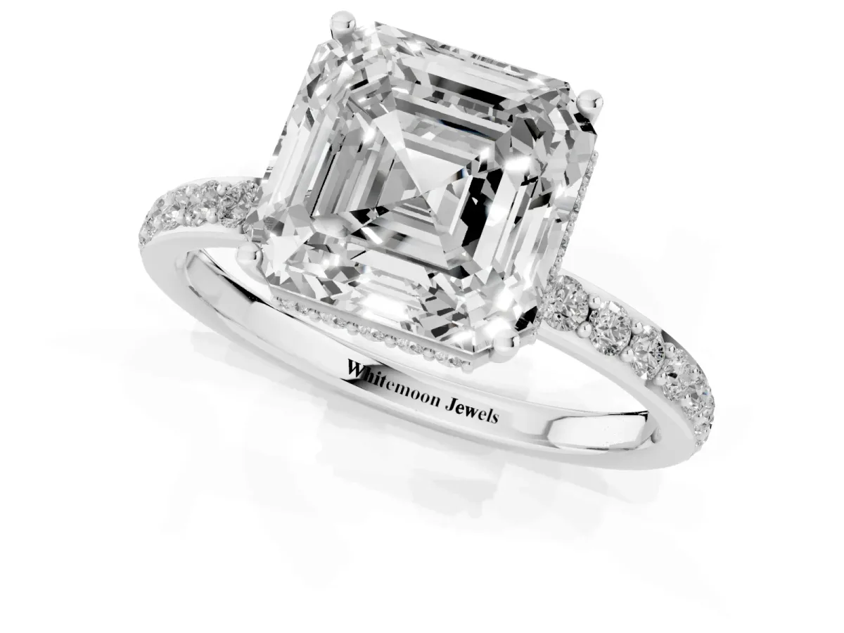 Asscher Cut Diamond Solitaire Ring with Pavé Band and Hidden Halo White gold