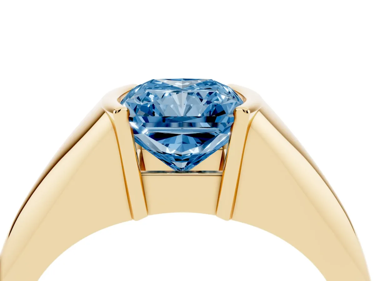 Fancy Blue Radiant Cut Solitaire Tension Set Diamond Ring Yellow gold