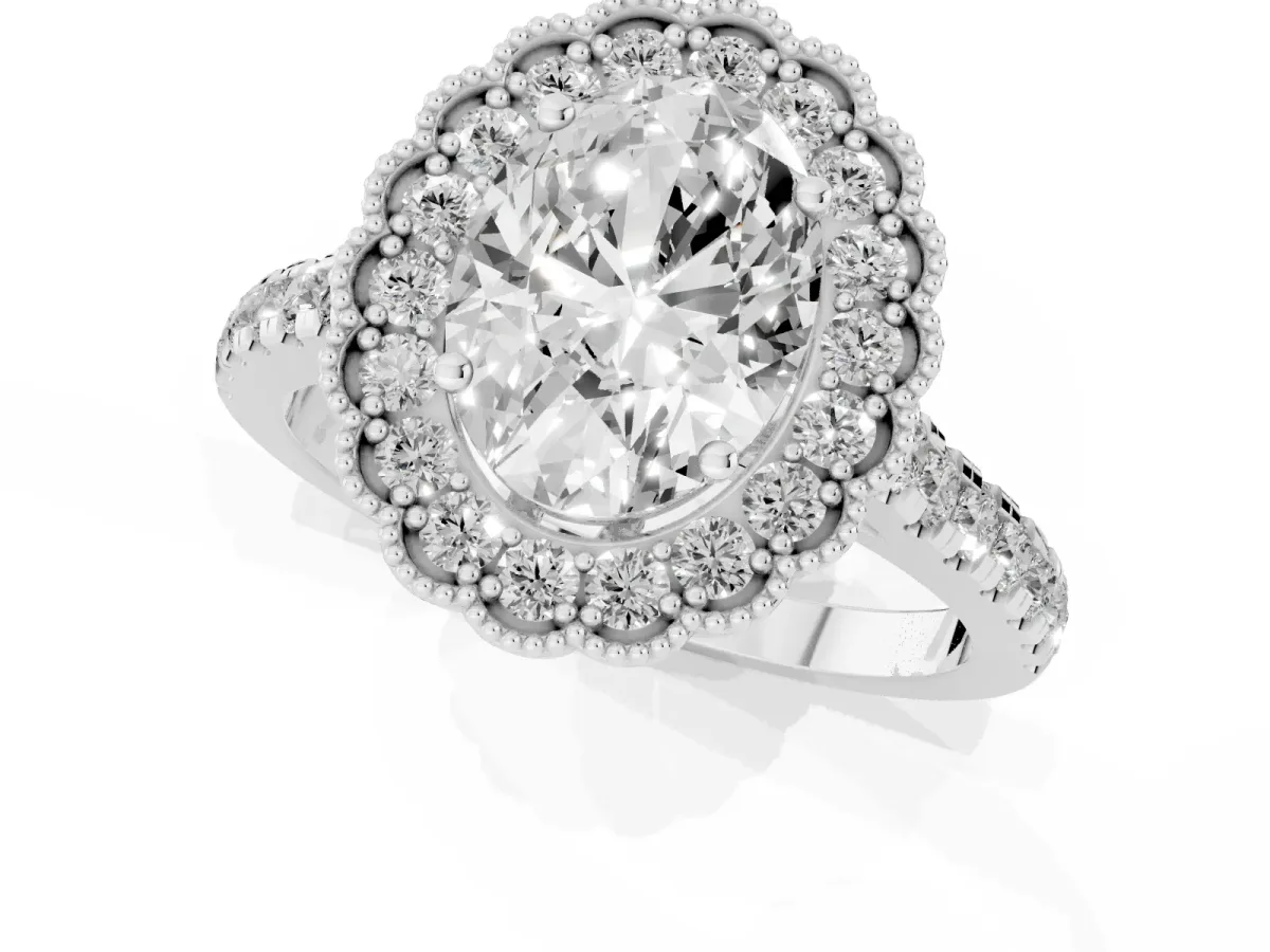 Oval Cut Cut Diamond Milgrain Floral Halo Engagement Ring with Pavé Band White gold