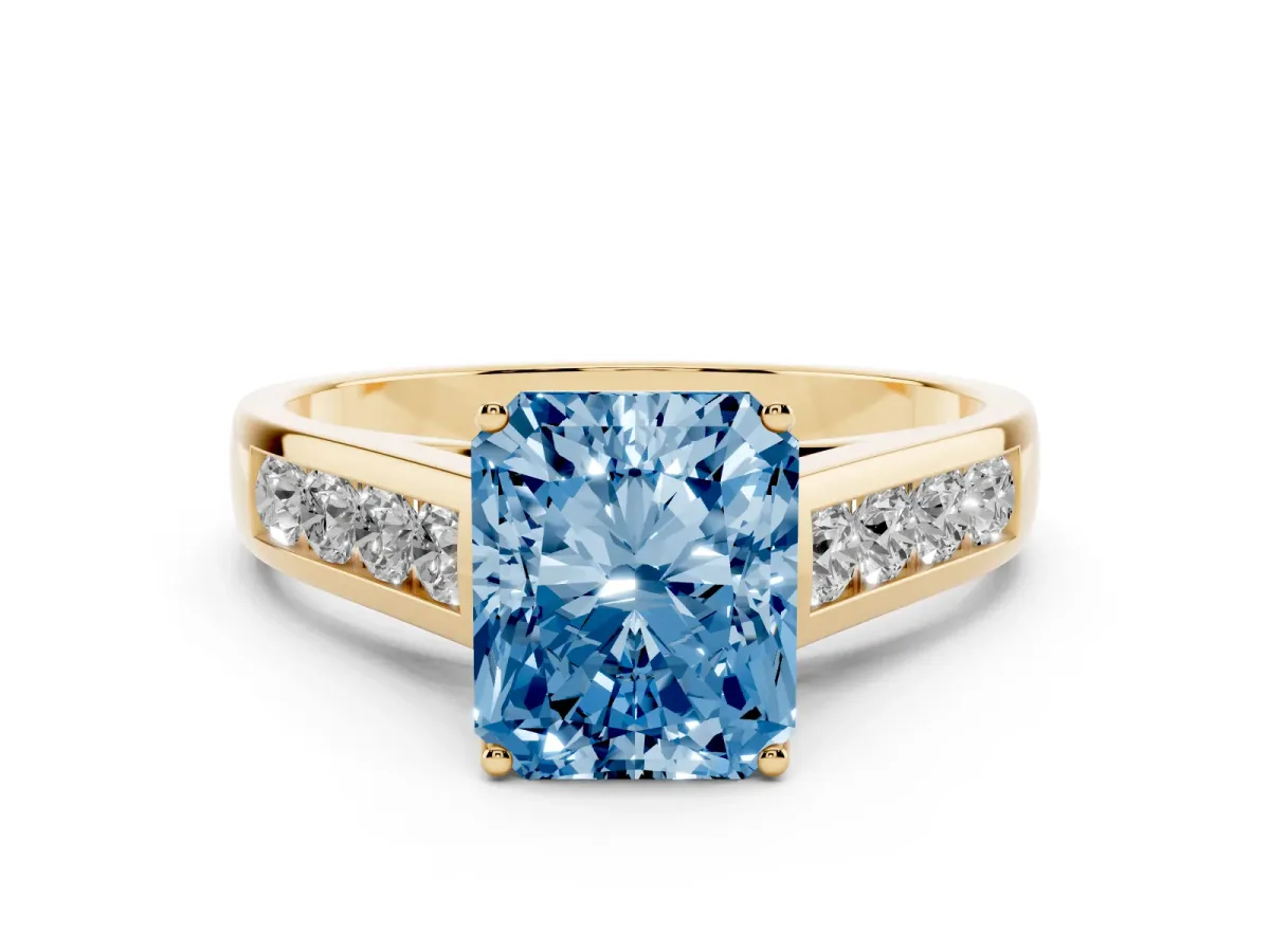 Fancy Blue Radiant Cut Solitaire Channel-Set Diamond Engagement Ring with Four-Prong Setting Yellow gold