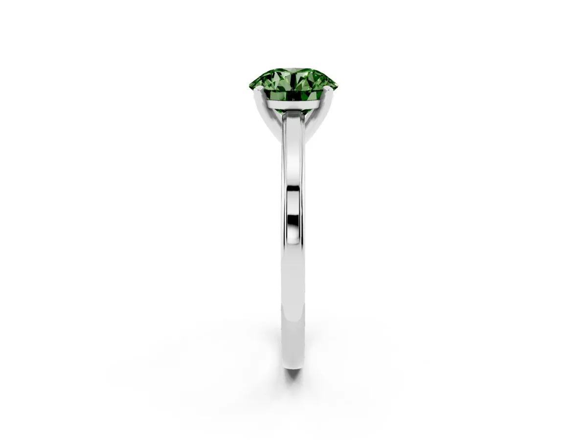 Fancy Green Round Cut Solitaire Diamond Ring with Four-Prong Setting and Classic Band Silver