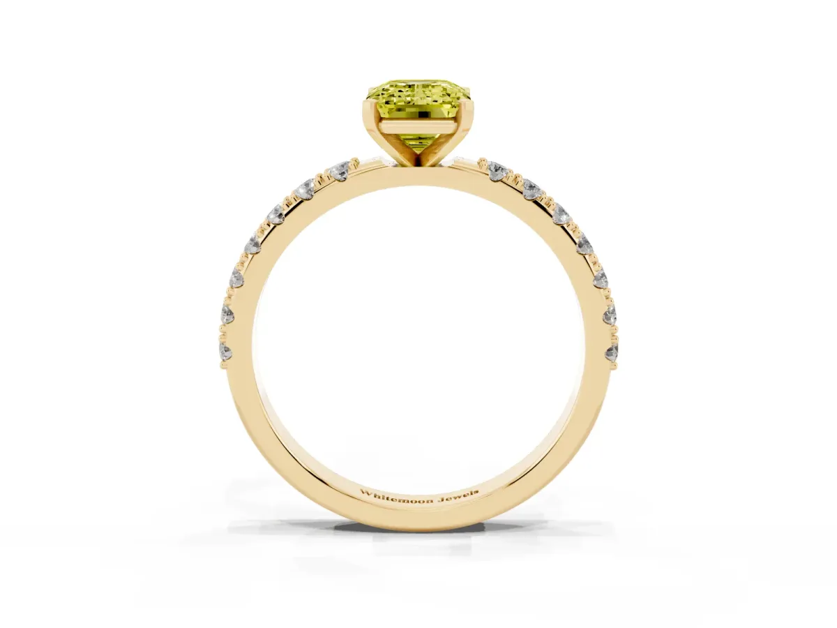 Fancy Yellow Emerald Cut Diamond Solitaire Pavé Band with Four-Prong Setting Yellow gold