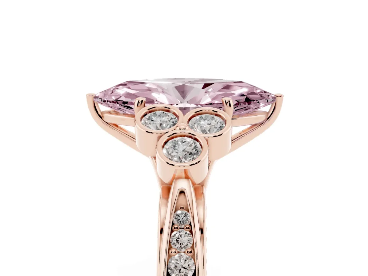 Fancy Pink Marquise Cut Cut Diamond Engagement Ring with Bezel Set Round Side Stones and Prong Setting Rose gold