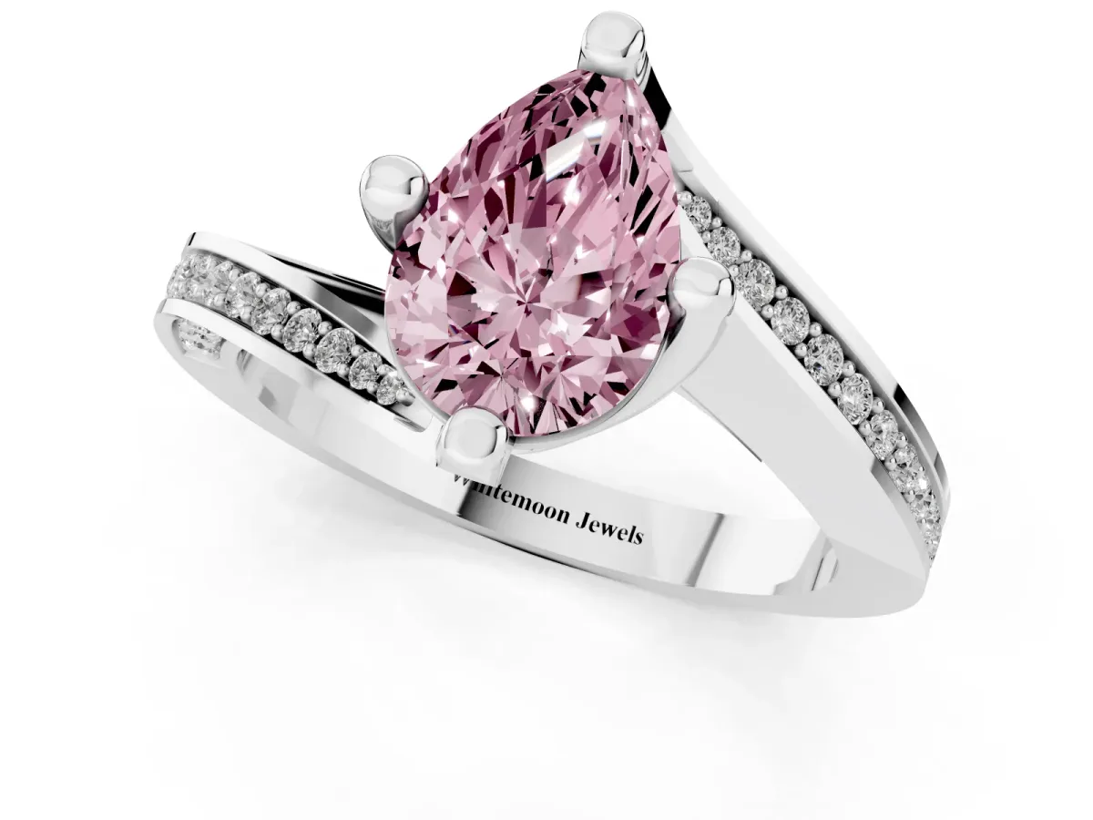 Fancy Pink Pear Cut Solitaire Diamond Twist Band with Pavé Setting and Four-Prong Setting Silver