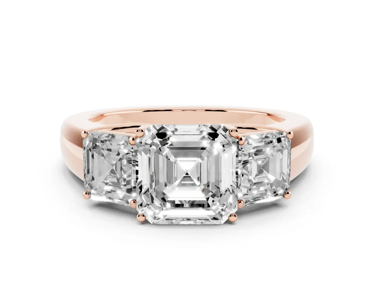 Three-Stone Asscher Cut Cut Diamond Ring with Prong Setting and Classic Band Rose gold