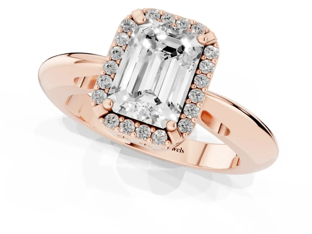 Emerald Cut Cut Diamond Halo Engagement Ring with Split Shank and Four-Prong Setting Rose gold