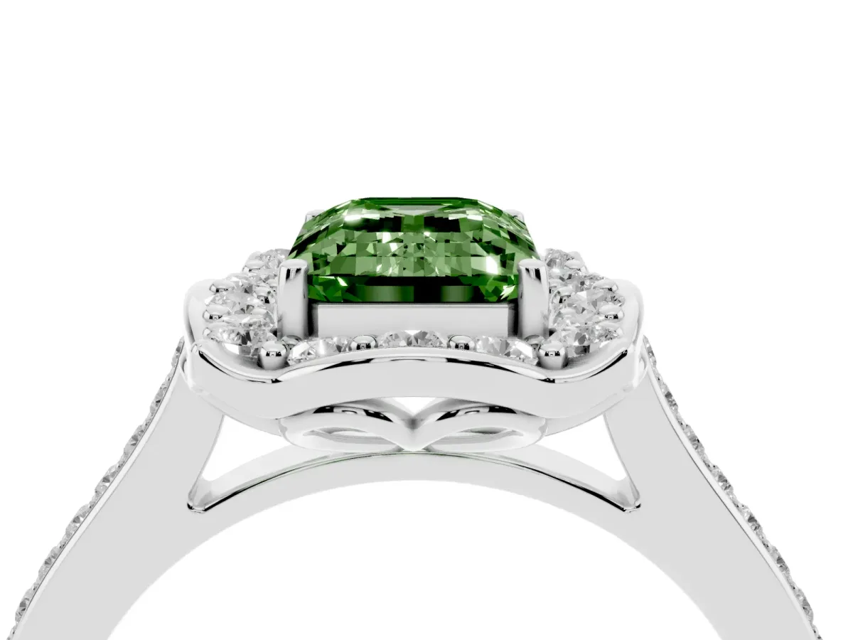 Fancy Green Emerald Cut Halo Round Diamond Pave Band with Four-Prong Setting Silver