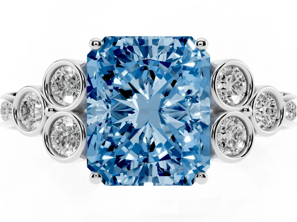 Fancy Blue Radiant Cut Cut Diamond Engagement Ring with Bezel Set Round Side Stones and Prong Setting Platinum
