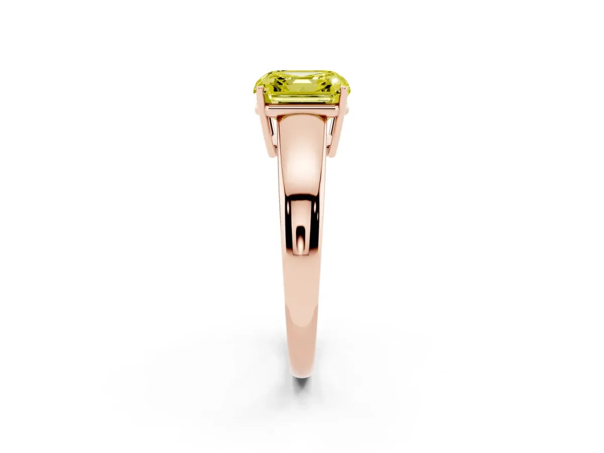 Fancy Yellow Asscher Cut Solitaire Diamond Ring with Tapered Band and Four-Prong Setting Rose gold