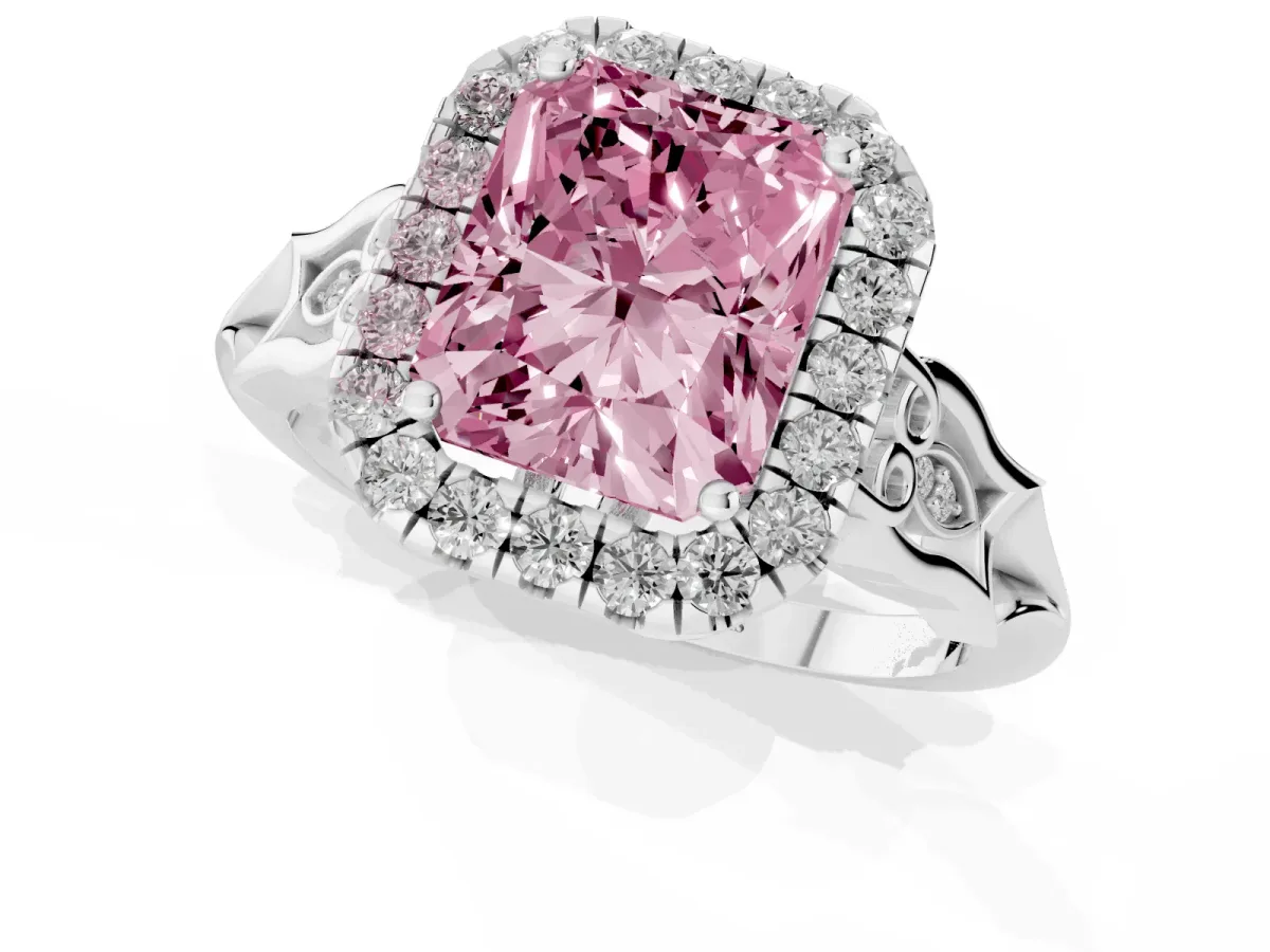 Fancy Pink Radiant Cut Halo Diamond Engagement Ring with Filigree Band and Four-Prong Setting Platinum