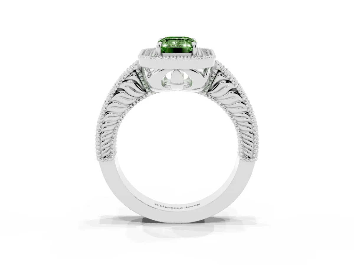 Fancy Green Emerald Cut Cut Halo Diamond Ring with Pavé Band and Four-Prong Setting White gold