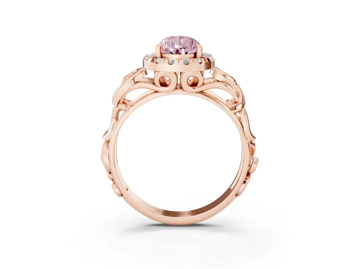 Fancy Pink Pear Cut Cut Halo Diamond Ring with Scrollwork Band and Four-Prong Setting Rose gold