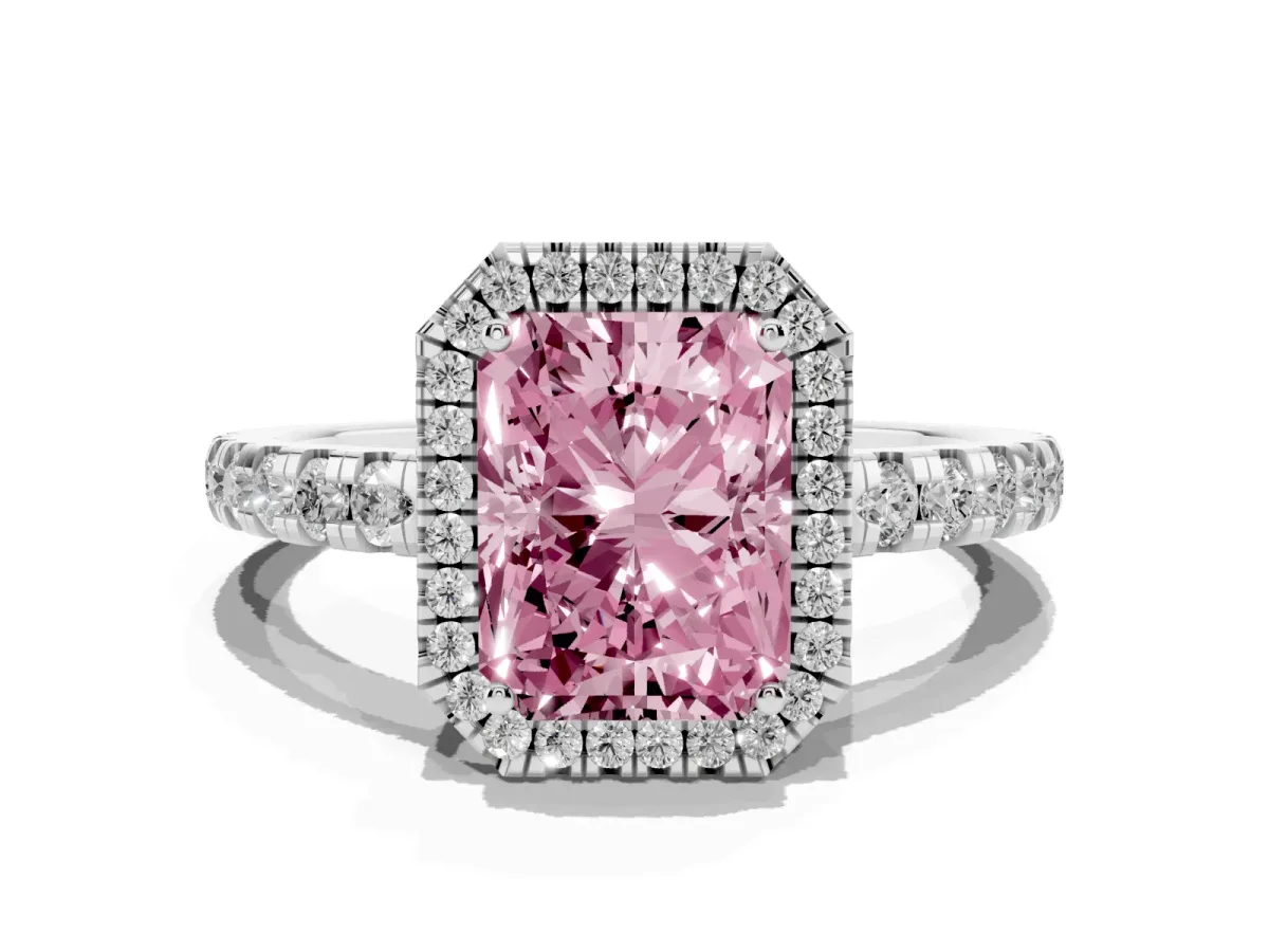 Fancy Pink Radiant Cut Diamond Halo Ring with Pavé Band and Four-Prong Setting White gold