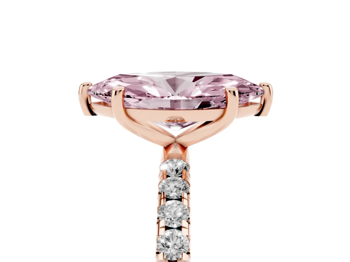 Fancy Pink Marquise Cut Cut Diamond Solitaire Ring with Micro Pave Band and Four Prong Setting Rose gold
